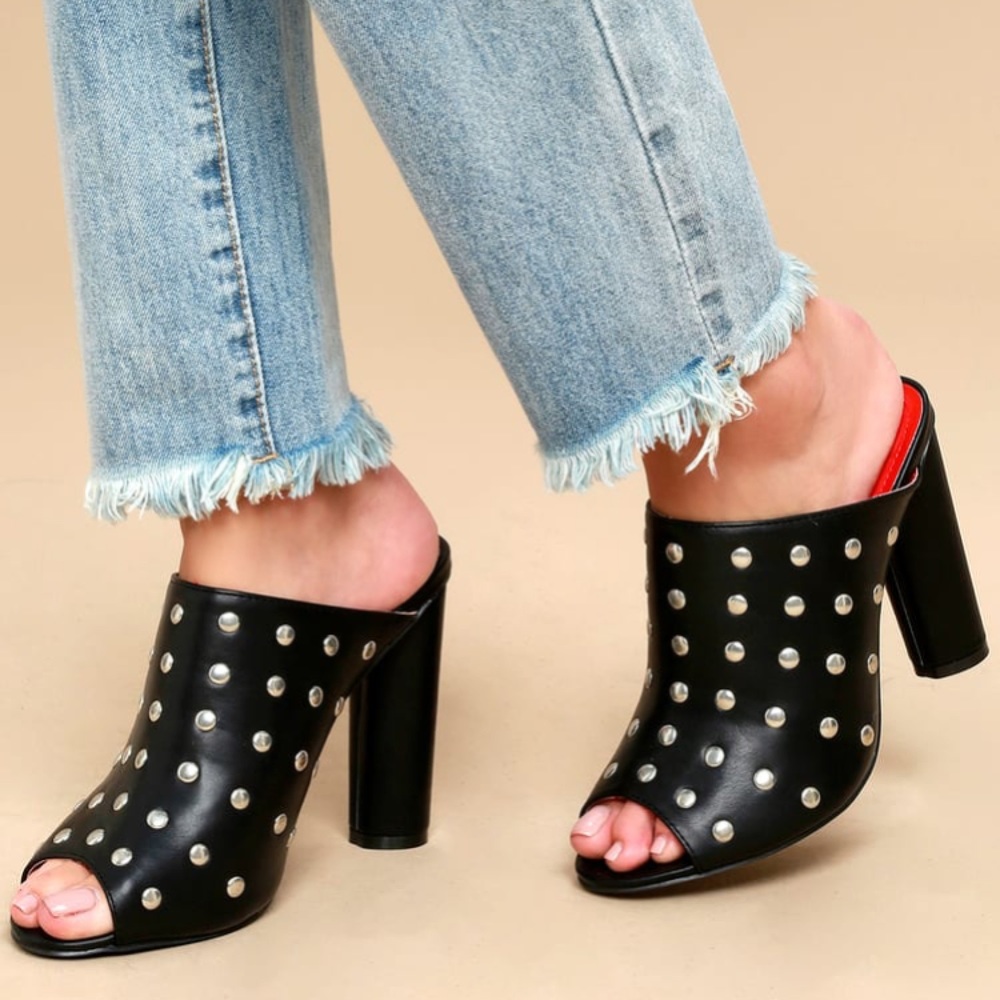 NWB Quinn Black Studded Peep-Toe Heeled Mules